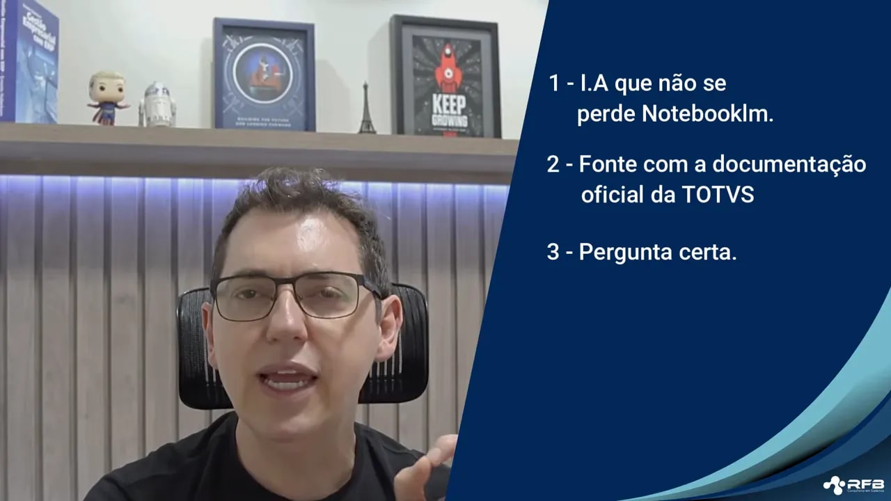 Lista na tela com três pontos do método: IA NotebookLM, fonte oficial TOTVS e pergunta certa