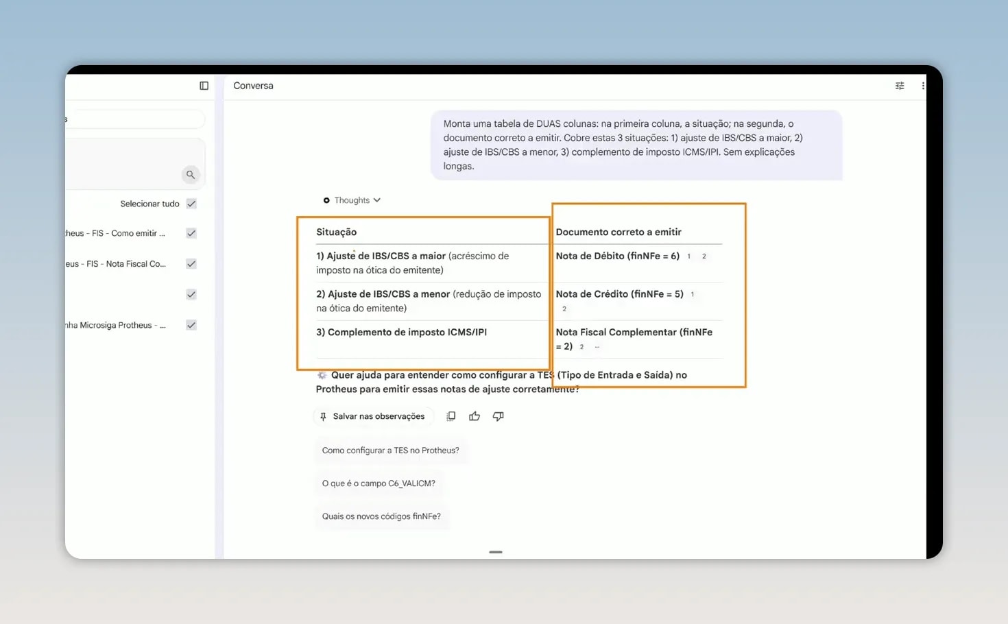 Tabela no NotebookLM relacionando situações fiscais aos documentos corretos